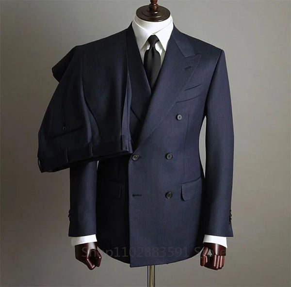Elegant Men's Double Breasted Cotton Suit Set with Peaked Lapel for Weddings and Formal Events (Jacket + Pants)